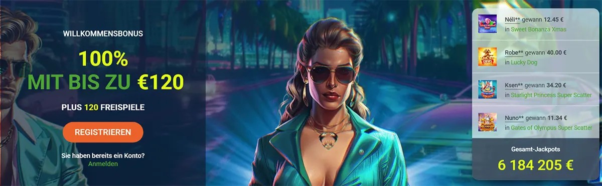 Online casino promotional banner showing a 100% welcome bonus up to €120 with free spins and registration button