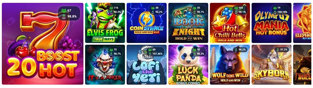 Online casino slot game selection showing multiple featured games with RTP percentages