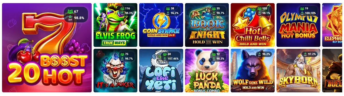 Online casino slot game selection showing multiple featured games with RTP percentages