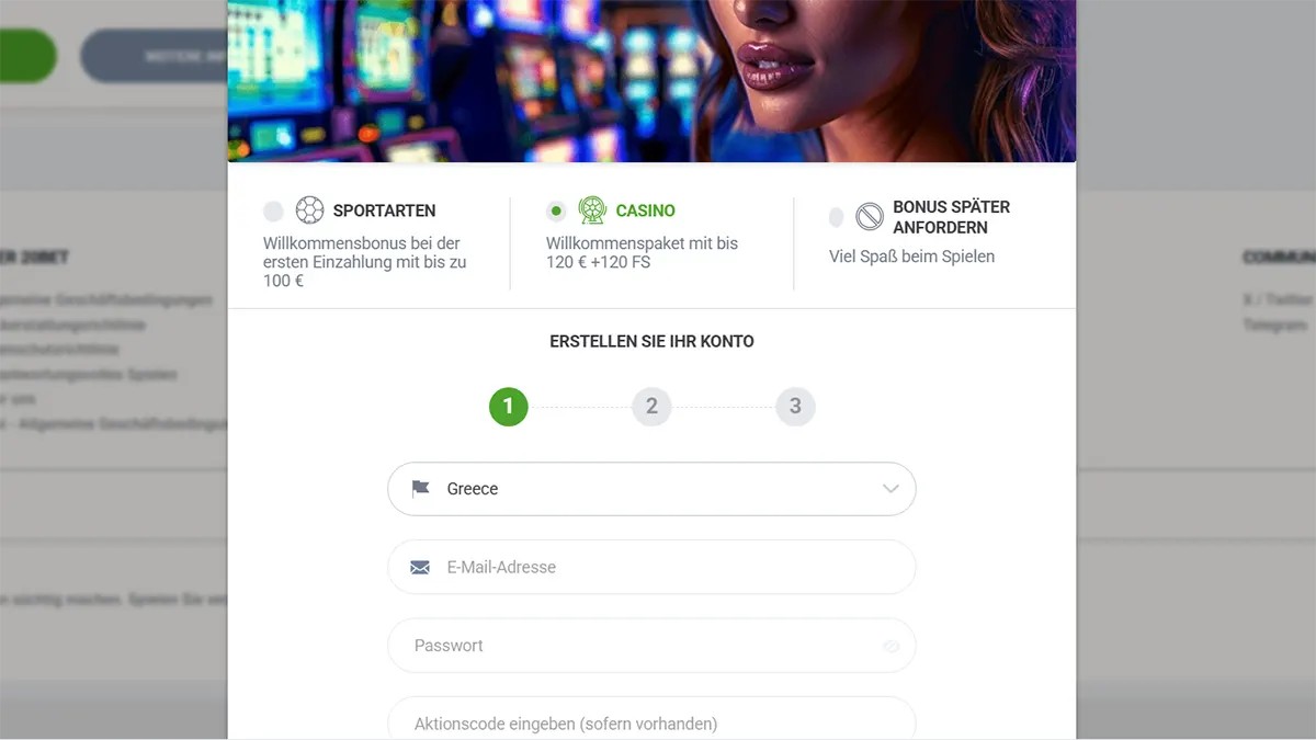Casino registration interface with step indicator, bonus overview and user sign-up form