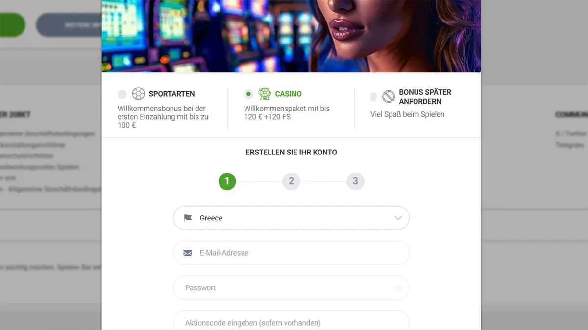 Casino registration interface with step indicator, bonus overview and user sign-up form